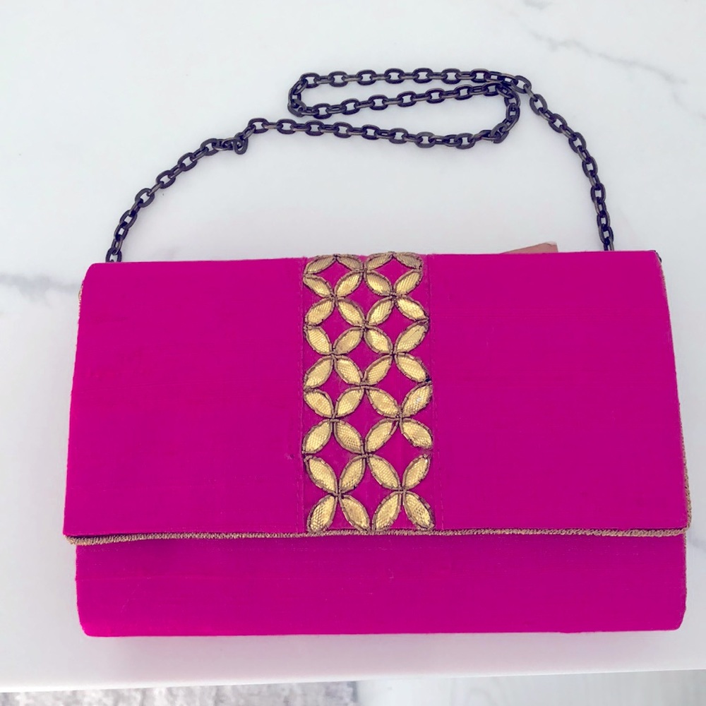 Fabindia Raw Silk Pink Fuchsia with Gold Embroidery Clutch